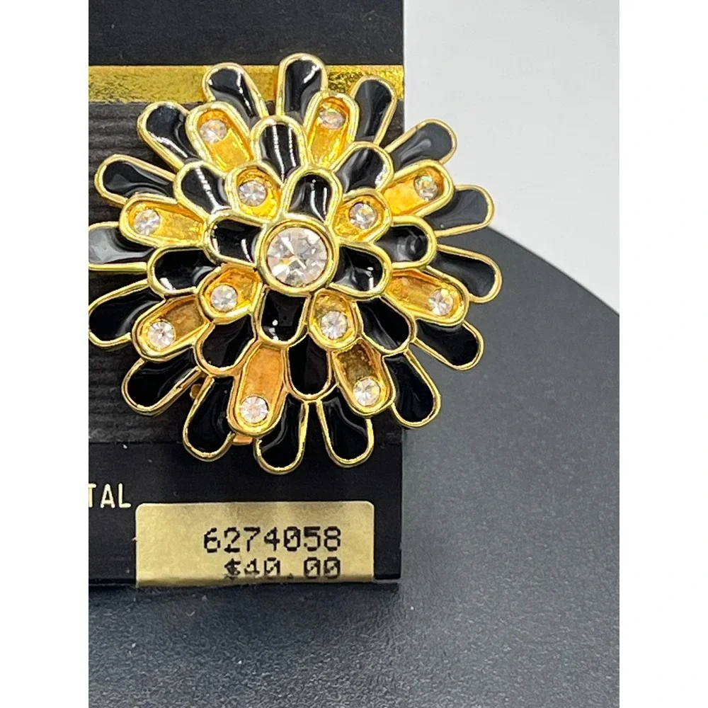 Vintage Swarovski Black Enamel and Gold Starburst Full Lead Clip On Earrings NOS